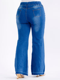 PLUS SIZE ELASTIC WAIST POCKETS STRETCH DISTRESS WASH DENIM BELL LEG JEGGINGS