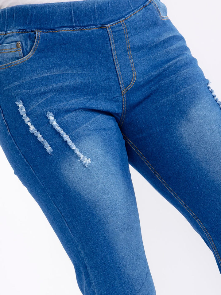 PLUS SIZE ELASTIC WAIST POCKETS STRETCH DISTRESS WASH DENIM BELL LEG JEGGINGS