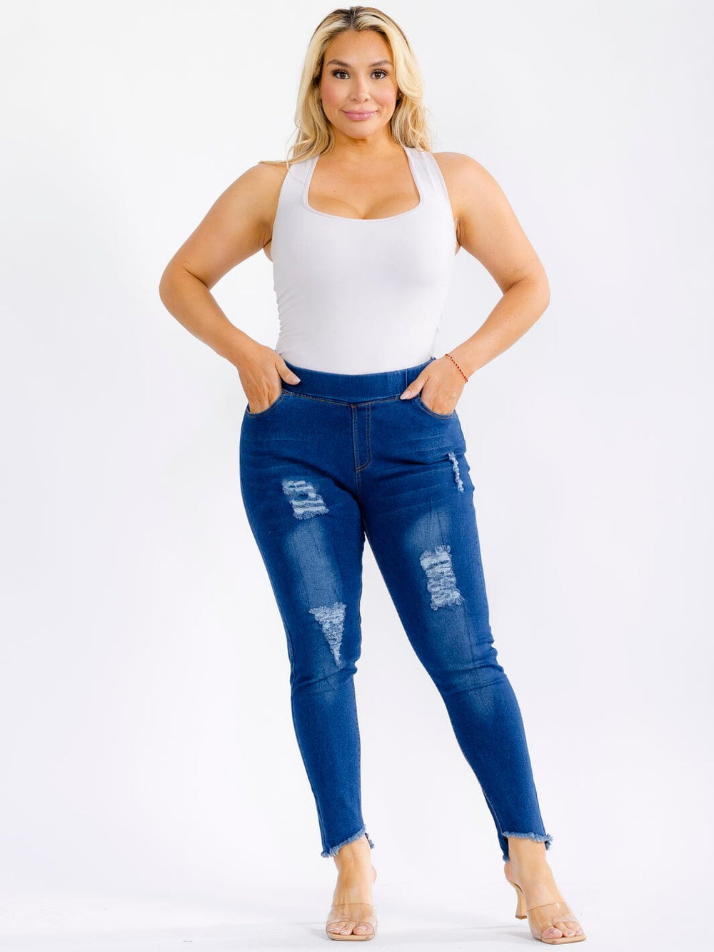 PLUS SIZE ELASTIC WAIST POCKETS STRETCH DENIM DISTRESS WASHED SKINNY JEGGINGS