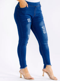 PLUS SIZE ELASTIC WAIST POCKETS STRETCH DENIM DISTRESS WASHED SKINNY JEGGINGS