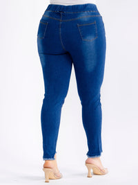 PLUS SIZE ELASTIC WAIST POCKETS STRETCH DENIM DISTRESS WASHED SKINNY JEGGINGS