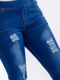 PLUS SIZE ELASTIC WAIST POCKETS STRETCH DENIM DISTRESS WASHED SKINNY JEGGINGS