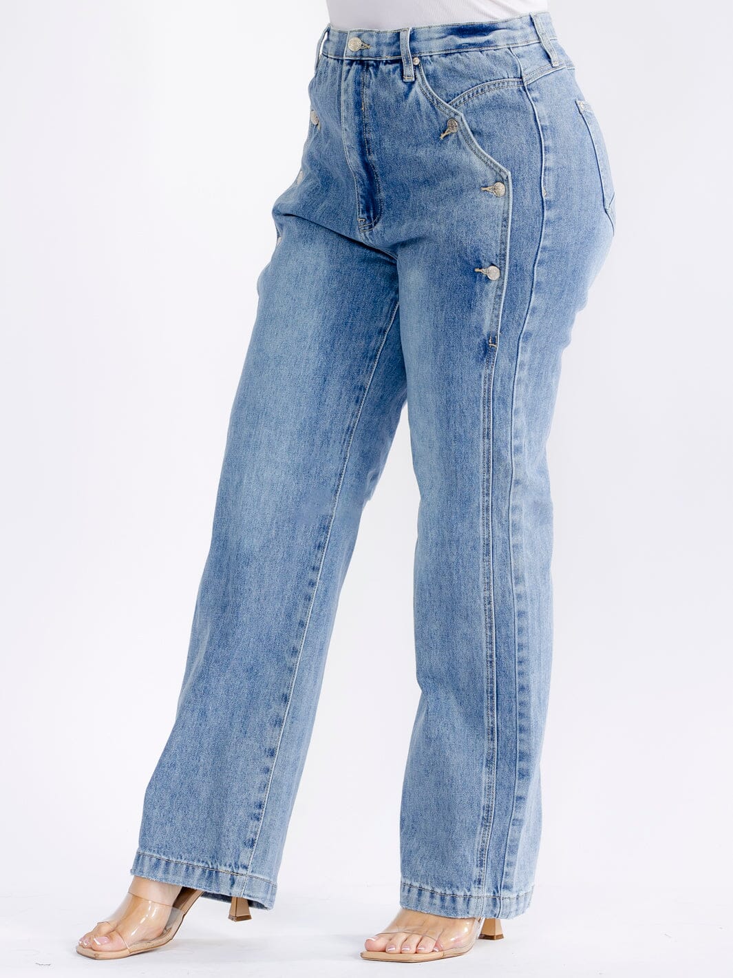 PLUS SIZE BUTTON CLOSURE ELASTIC WAIST POCKETS WASHED WIDE LEG DENIM PANTS