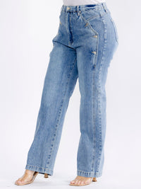 PLUS SIZE BUTTON CLOSURE ELASTIC WAIST POCKETS WASHED WIDE LEG DENIM PANTS