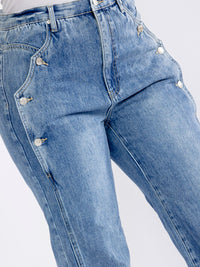 PLUS SIZE BUTTON CLOSURE ELASTIC WAIST POCKETS WASHED WIDE LEG DENIM PANTS