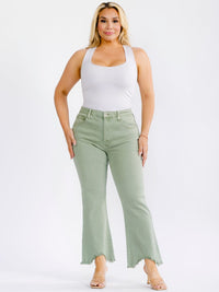 PLUS SIZE BUTTON CLOSURE ELASTIC WAIST POCKETS DISTRESS LEG DENIM PANTS