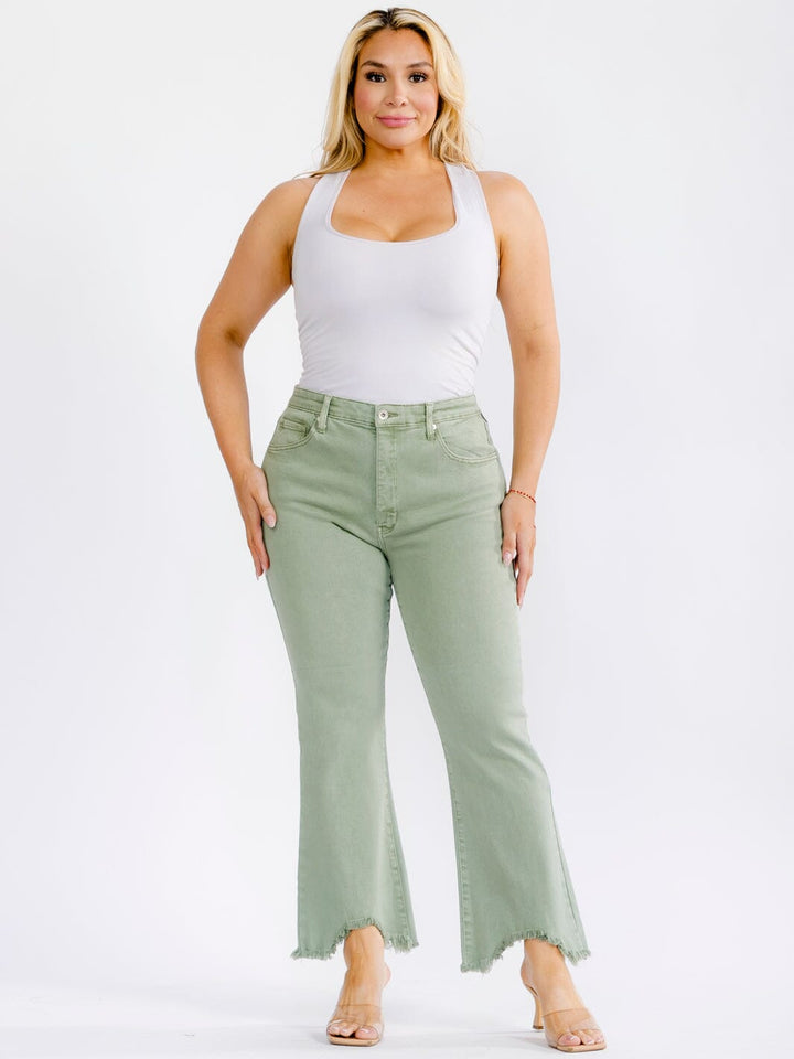PLUS SIZE BUTTON CLOSURE ELASTIC WAIST POCKETS DISTRESS LEG DENIM PANTS