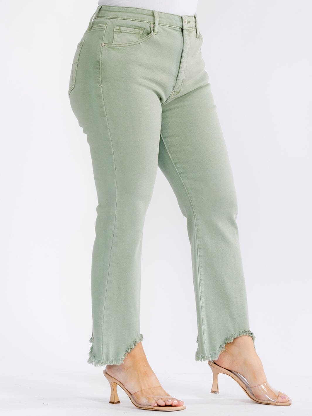 PLUS SIZE BUTTON CLOSURE ELASTIC WAIST POCKETS DISTRESS LEG DENIM PANTS