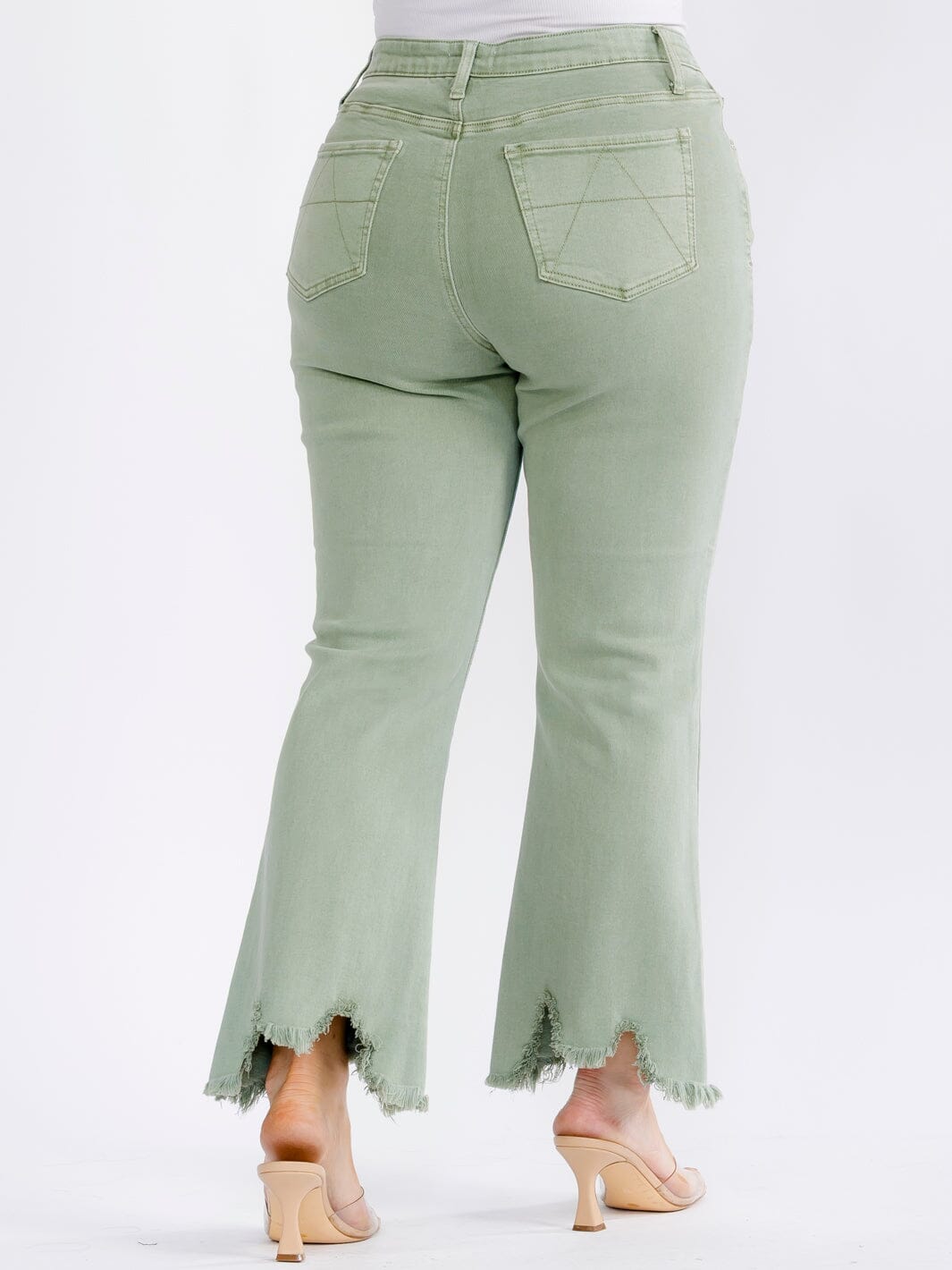 PLUS SIZE BUTTON CLOSURE ELASTIC WAIST POCKETS DISTRESS LEG DENIM PANTS