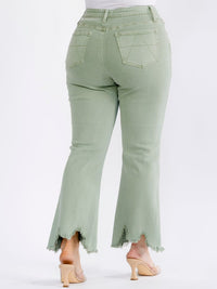 PLUS SIZE BUTTON CLOSURE ELASTIC WAIST POCKETS DISTRESS LEG DENIM PANTS