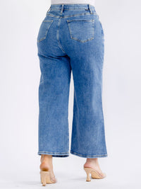 PLUS SIZE BUTTON CLOSURE ELASTIC WAIST POCKETS WIDE LEG DENIM PANTS