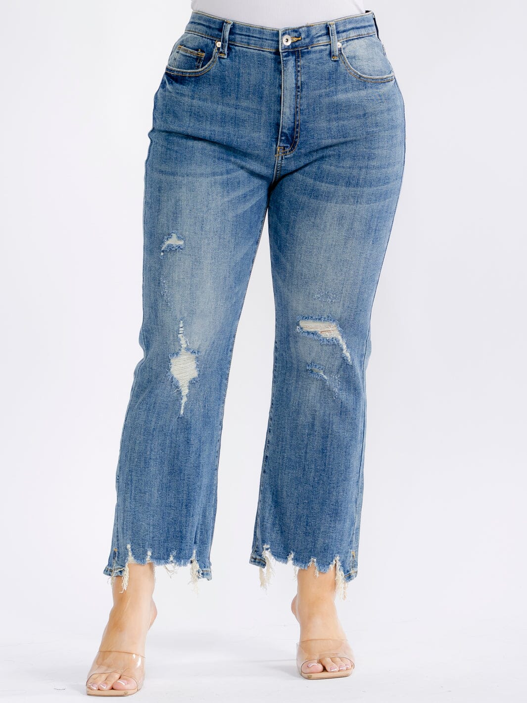 PLUS SIZE BUTTON CLOSURE ELASTIC WAIST POCKETS WASHED WIDE LEG DISTRESS DENIM PANTS