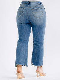 PLUS SIZE BUTTON CLOSURE ELASTIC WAIST POCKETS WASHED WIDE LEG DISTRESS DENIM PANTS