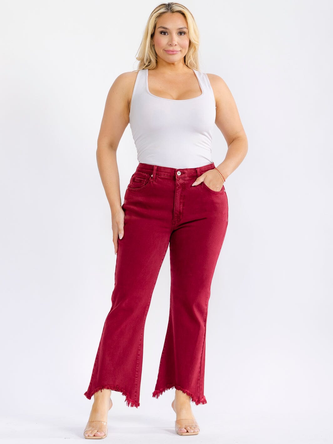 PLUS SIZE BUTTON CLOSURE ELASTIC WAIST POCKETS DISTRESS LEG DENIM PANTS
