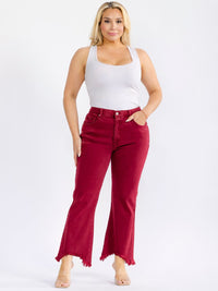 PLUS SIZE BUTTON CLOSURE ELASTIC WAIST POCKETS DISTRESS LEG DENIM PANTS