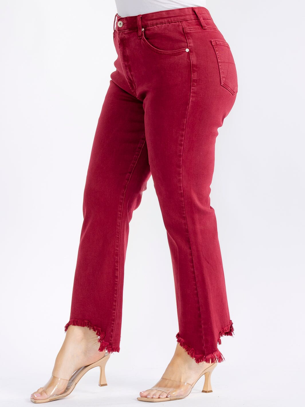 PLUS SIZE BUTTON CLOSURE ELASTIC WAIST POCKETS DISTRESS LEG DENIM PANTS