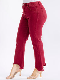 PLUS SIZE BUTTON CLOSURE ELASTIC WAIST POCKETS DISTRESS LEG DENIM PANTS