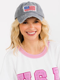 WOMEN'S ASSORTED COLORS ADJUSTABLE STRAP USA DISTRESS PONYTAIL SLOT HATS