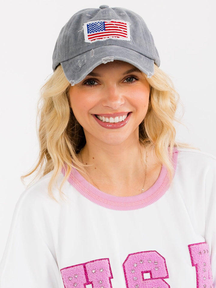WOMEN'S ASSORTED COLORS ADJUSTABLE STRAP USA DISTRESS PONYTAIL SLOT HATS