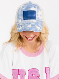 WOMEN'S ASSORTED COLORS ADJUSTABLE STRAP STARS TIE DYE TRUCKER PONYTAIL SLOT HATS