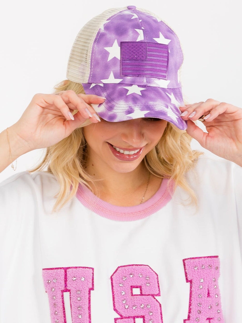 WOMEN'S ASSORTED COLORS ADJUSTABLE STRAP STARS TIE DYE TRUCKER PONYTAIL SLOT HATS