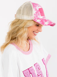 WOMEN'S ASSORTED COLORS ADJUSTABLE STRAP STARS TIE DYE TRUCKER PONYTAIL SLOT HATS