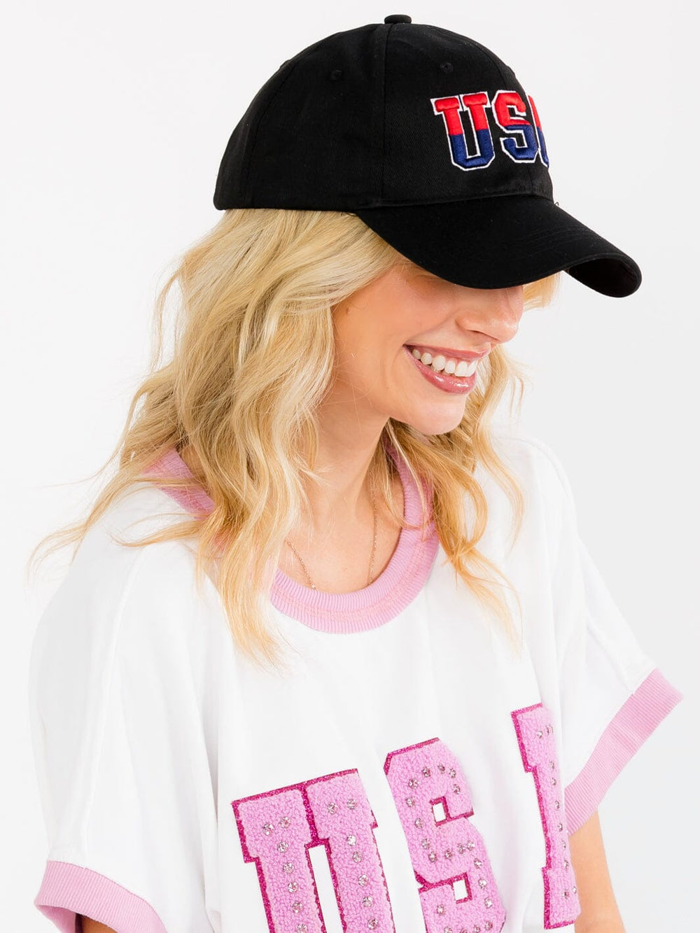 WOMEN'S ASSORTED COLORS ADJUSTABLE STRAP USA BASEBALL CAPS