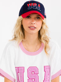 WOMEN'S ASSORTED COLORS ADJUSTABLE STRAP USA BASEBALL CAPS