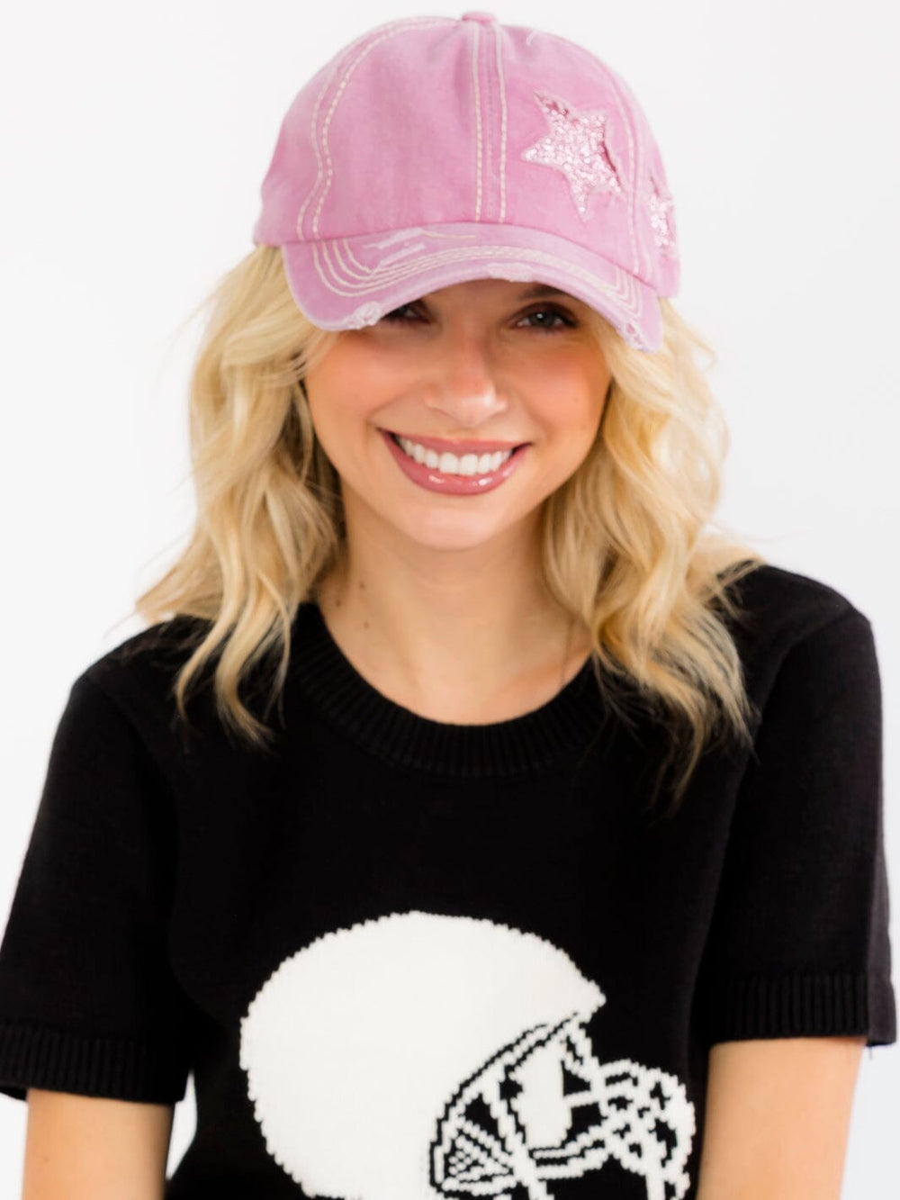 WOMEN'S ASSORTED COLORS ADJUSTABLE STRAP STARS DISTRESS PONYTAIL SLOT HATS