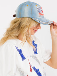WOMEN'S ASSORTED USA STUDS DENIM WASHED ADJUSTABLE STRAP BASEBALL CAPS