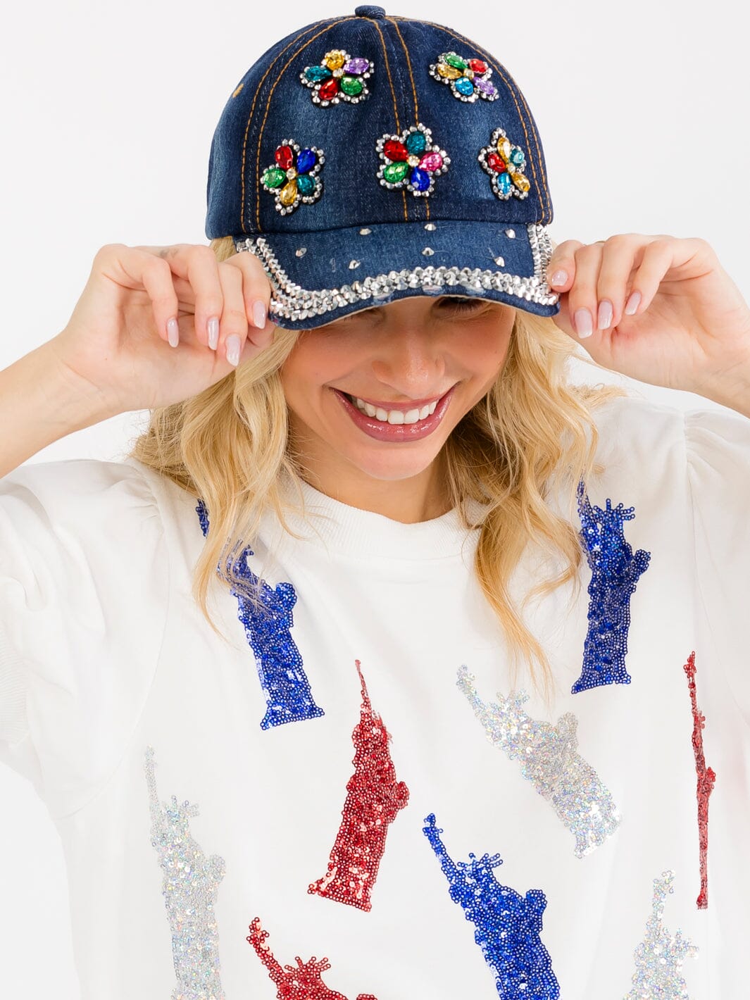 WOMEN'S ASSORTED FLOWERS STUDS DENIM WASHED ADJUSTABLE STRAP BASEBALL CAPS