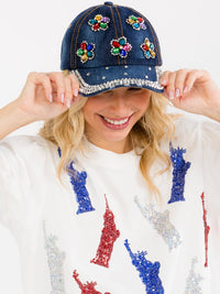 WOMEN'S ASSORTED FLOWERS STUDS DENIM WASHED ADJUSTABLE STRAP BASEBALL CAPS