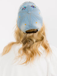 WOMEN'S ASSORTED FLOWERS STUDS DENIM WASHED ADJUSTABLE STRAP BASEBALL CAPS