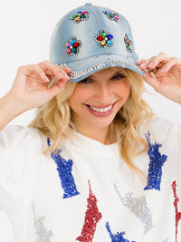 WOMEN'S ASSORTED FLOWERS STUDS DENIM WASHED ADJUSTABLE STRAP BASEBALL CAPS
