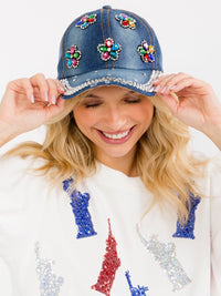 WOMEN'S ASSORTED FLOWERS STUDS DENIM WASHED ADJUSTABLE STRAP BASEBALL CAPS