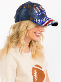 WOMEN'S ASSORTED USA STUDS DENIM WASHED ADJUSTABLE STRAP BASEBALL CAPS