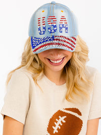 WOMEN'S ASSORTED USA STUDS DENIM WASHED ADJUSTABLE STRAP BASEBALL CAPS