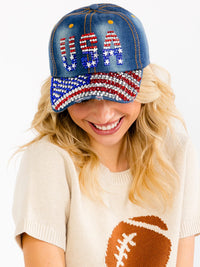 WOMEN'S ASSORTED USA STUDS DENIM WASHED ADJUSTABLE STRAP BASEBALL CAPS
