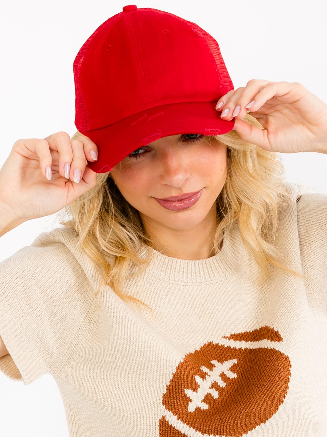 WOMEN'S ADJUSTABLE STRAP DISTRESS TRUCKER CAPS