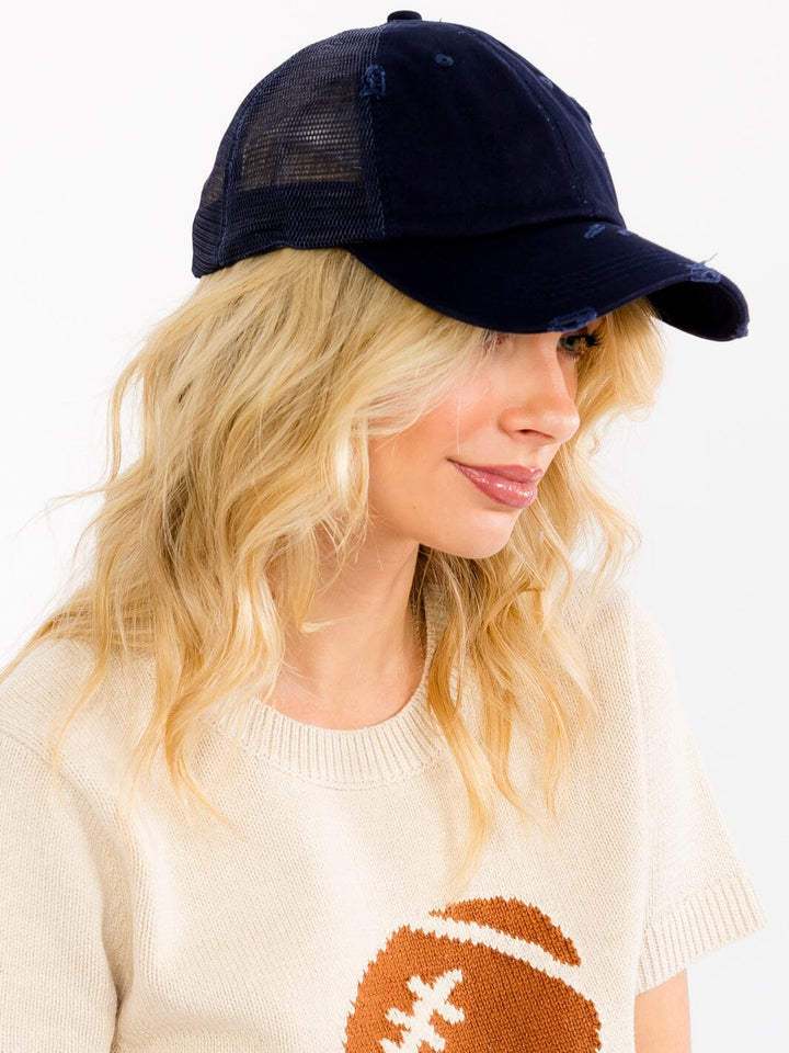 WOMEN'S ADJUSTABLE STRAP DISTRESS TRUCKER CAPS