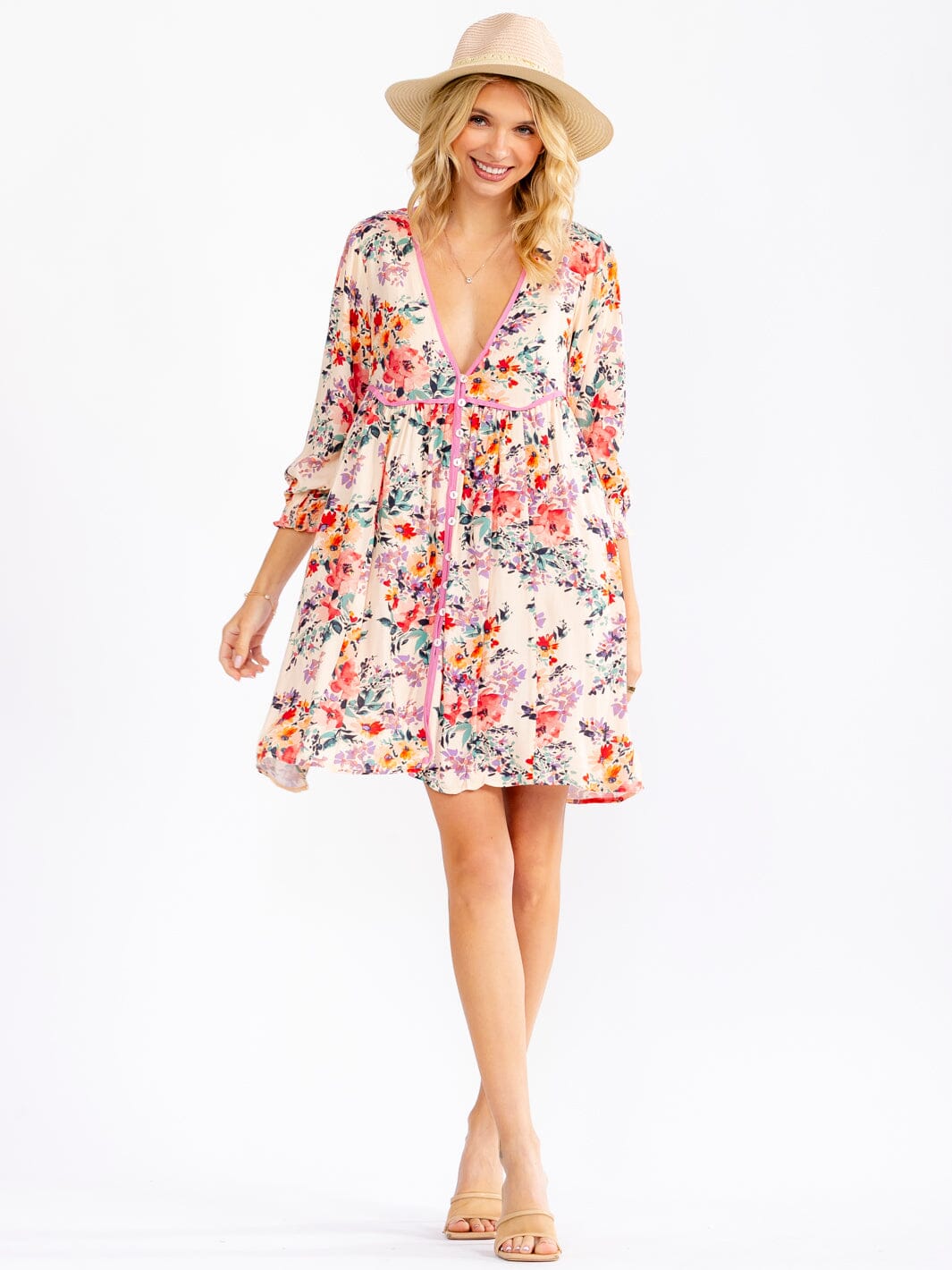 WOMEN'S 3/4 SLEEVE V-NECK BUTTON UP FRONT POCKETS FLORAL MINI DRESS