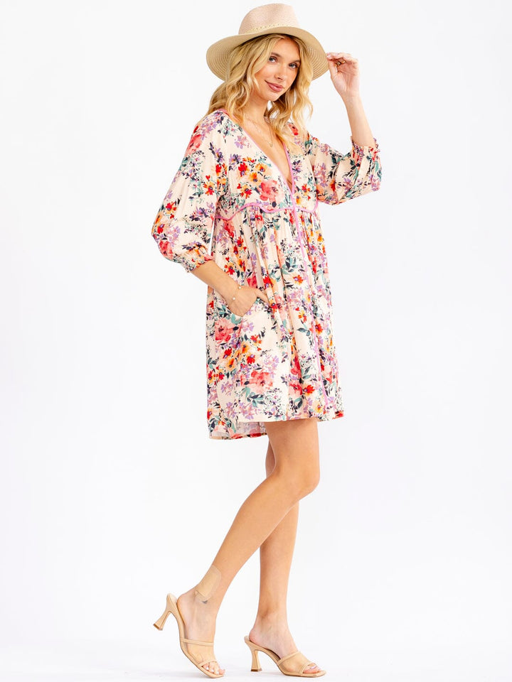 WOMEN'S 3/4 SLEEVE V-NECK BUTTON UP FRONT POCKETS FLORAL MINI DRESS