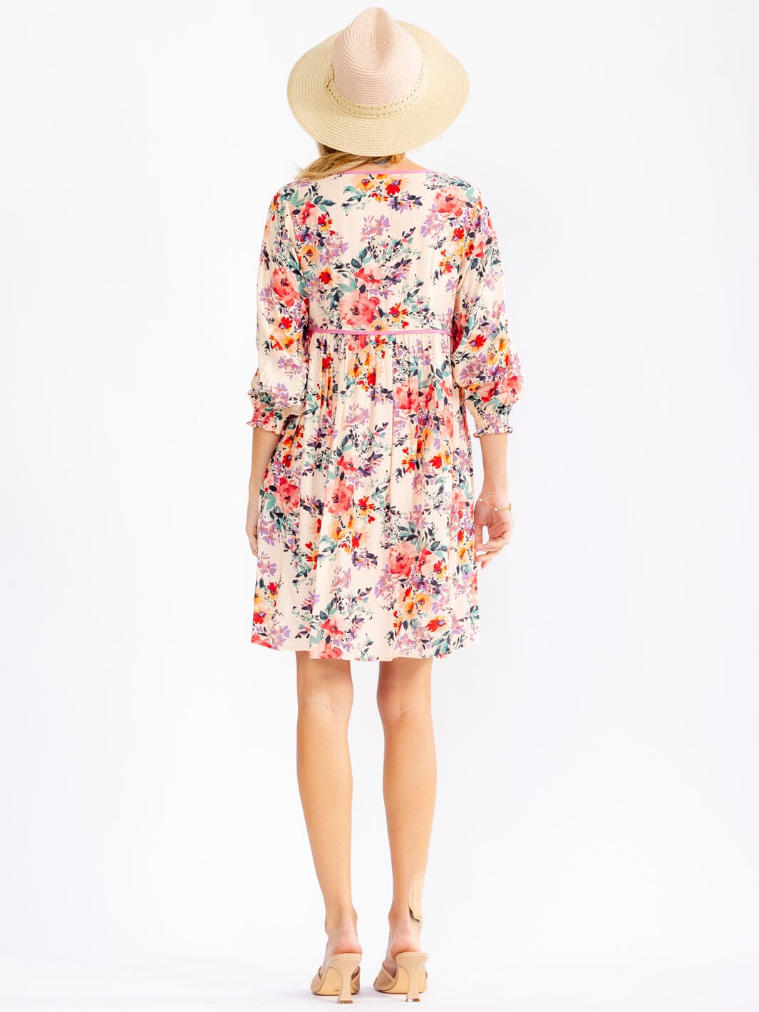 WOMEN'S 3/4 SLEEVE V-NECK BUTTON UP FRONT POCKETS FLORAL MINI DRESS
