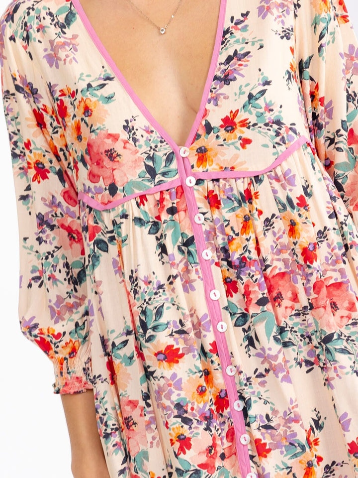 WOMEN'S 3/4 SLEEVE V-NECK BUTTON UP FRONT POCKETS FLORAL MINI DRESS