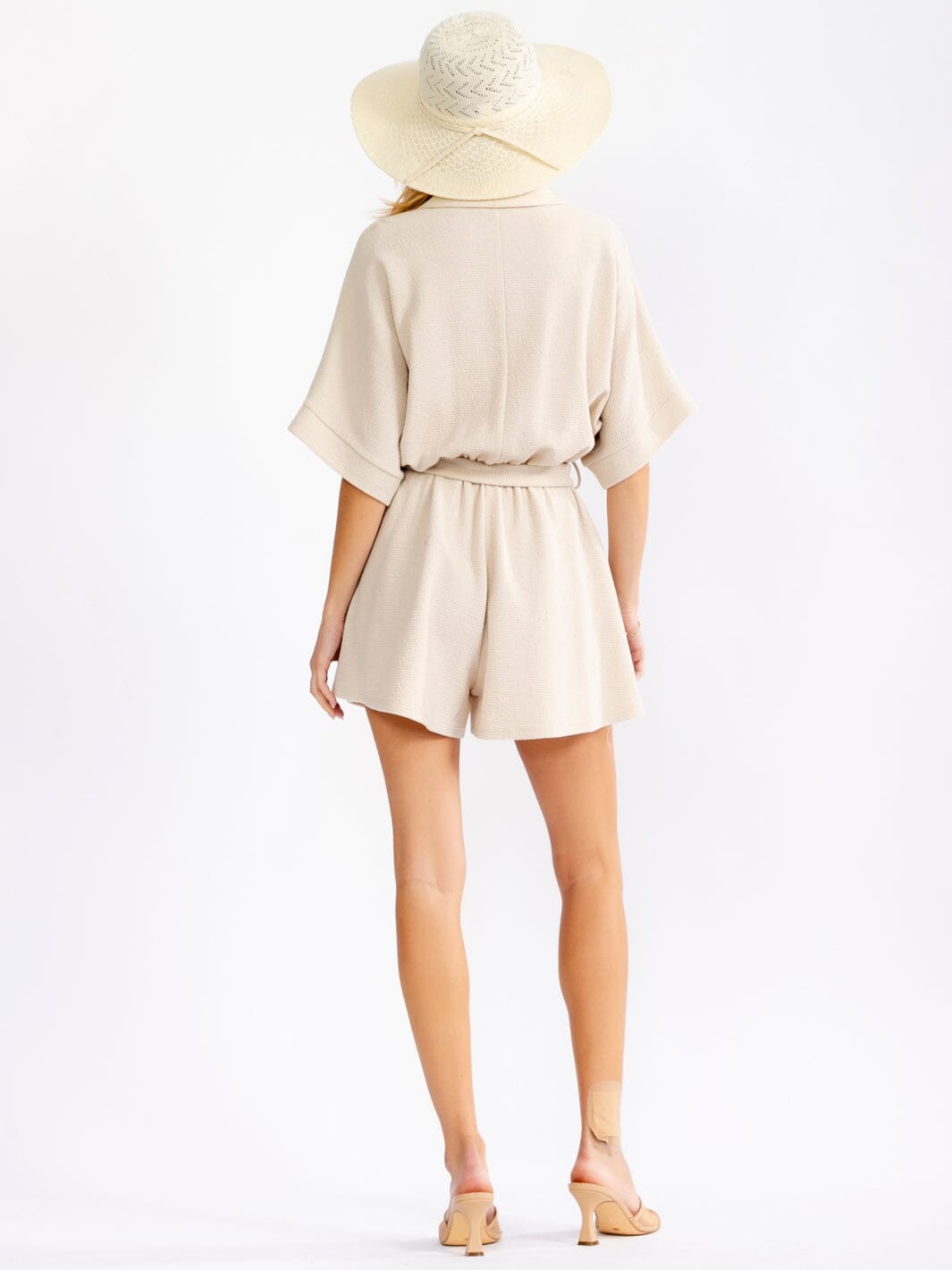 WOMEN'S SHORT SLEEVE BUTTON UP SELF TIE ROMPER