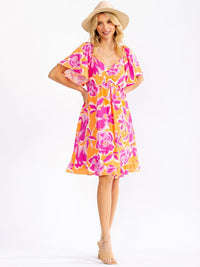 WOMEN'S SHORT SLEEVE V-NECK FLORAL PRINT MINI DRESS
