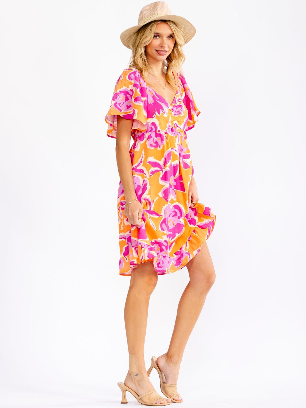 WOMEN'S SHORT SLEEVE V-NECK FLORAL PRINT MINI DRESS