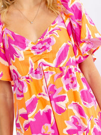 WOMEN'S SHORT SLEEVE V-NECK FLORAL PRINT MINI DRESS