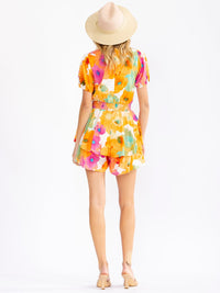 WOMEN'S SHORT SLEEVE V-NECK SMOCK WAIST TIERED RUFFLE FLORAL ROMPER