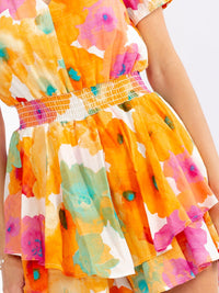 WOMEN'S SHORT SLEEVE V-NECK SMOCK WAIST TIERED RUFFLE FLORAL ROMPER
